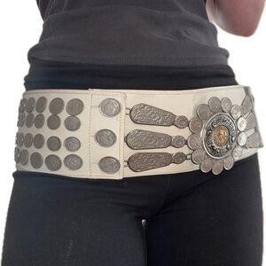 Cream leather and coin wide belt